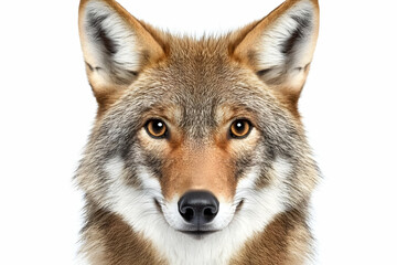 Fototapeta premium Isolated Coyote Head Portrait In Warm Brown Fur and Alert Eyes on White Background