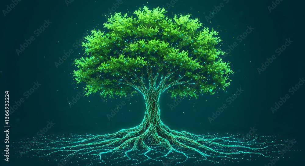 Poster digital tree with glowing green leaves and root structure on dark teal background