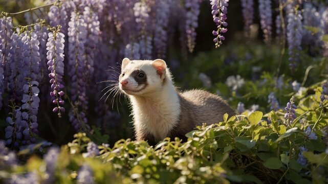 Ferret Posing in Blooming Flowers Outdoors Nature Scene