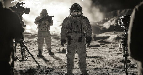 Astronaut on lunar set holds clapperboard, setting the scene for a moon-themed film shoot.