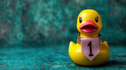 Cheerful Rubber Duck with Number One Ribbon on Textured Background