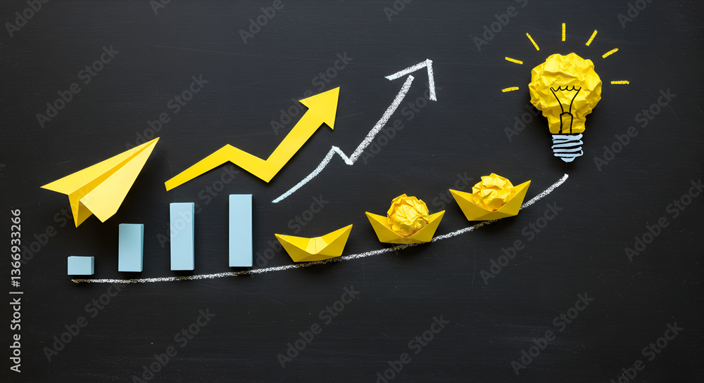Poster graphical chart showing growth and idea with paper plane ships and lightbulb on black surface