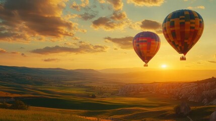 Fototapeta premium Hot Air Balloons Soaring Over Landscape at Sunset with Vibrant Colors and Golden Light
