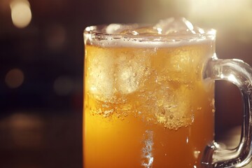 Refreshing Beer Mug with Ice Close Up at Bar with Blurred Background