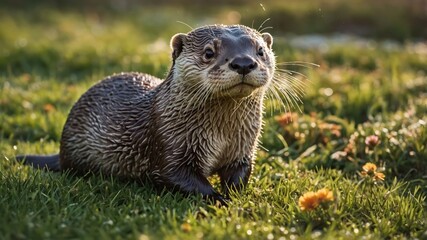 Otter Sitting on Grass Looking Upward with Curious Expression