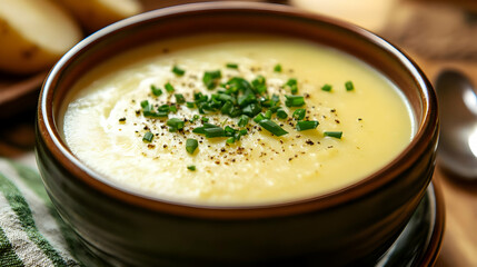 Creamy Potato Soup Garnished with Fresh Chives in Brown Ceramic Bowl on Wooden Surface with Rustic Charm and Warm Lighting