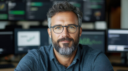 Obraz premium Professional man with glasses and beard, smiling office with multiple screens displaying data