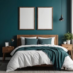 Teal Bedroom Interior Design with Wooden Bed and Blank Frames