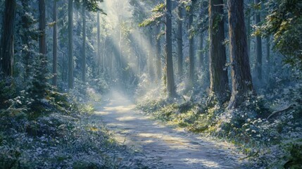 Obraz premium Enchanted pine forest pathway bathed in early morning light, sun rays piercing misty atmosphere, towering evergreens creating natural colonnade, forest floor dappled with light and shadow, ethereal