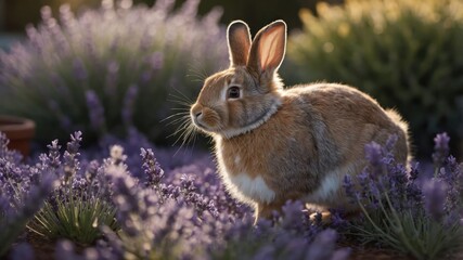 Fototapeta premium Rabbit Standing in Lavender Field During Sunset in Summer