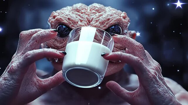 A close-up of a grotesque alien holding a glass of milk, looking intensely at the viewer.