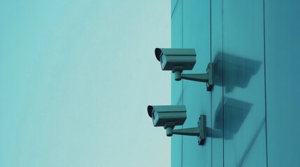 High-tech surveillance equipment against corporate architecture, trio of professional security cameras, weatherproof housing units, modern monitoring system, glass facade building background,