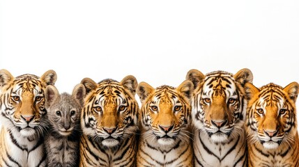 Five Tigers and a Baby in a Row Against a White Background