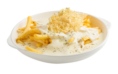Extra Crispy Oven Baked French Fries and mozzarella cheese topping isolated on a transparent background.
