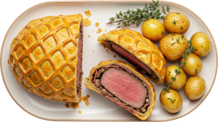 Delicious Beef Wellington Slices with Roasted Potatoes and Thyme Garnish