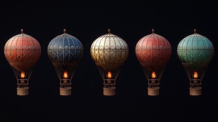 Fototapeta premium Ultra-detailed vector collection of hot air balloons, varied color palette from pastels to bold primaries, precisely modeled wicker baskets, metallic propane burners with realistic reflections,