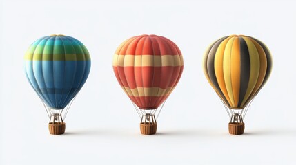Fototapeta premium Vector 3D collection featuring hyper-realistic hot air balloons, multi-colored envelope designs with authentic material shading, detailed wicker basket construction, precise rope and pulley systems,