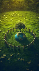 3D Illustration Of People Protecting Earth In Lush Green Environment
