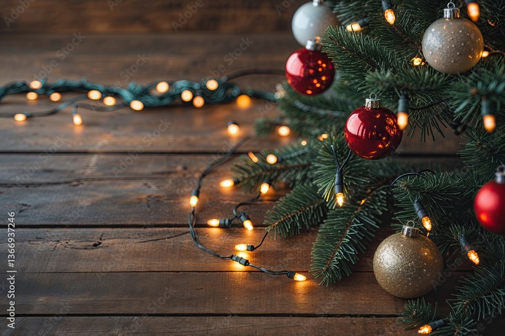 Poster rustic wooden table decorated with christmas tree and string lights for holiday background and produ
