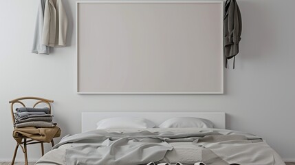 A white rectangular frame in a bedroom, mounted above the bed with clothes neatly folded on a chair and slippers at the foot of the bed. 