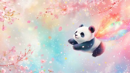 Naklejka premium Baby panda bear flying with fairy wings made of transparent watercolor washes in rainbow colors, scattered golden stars and white dots creating magical trails, floating among pink cherry blossoms and