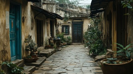 Fototapeta premium Tranquil Alleyway in Ancient Asian Town Serene Stone Path, Weathered Buildings, Lush Greenery