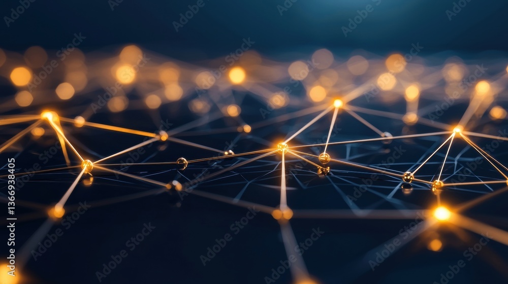 Poster link digital network of interconnected glowing nodes representing global communication.