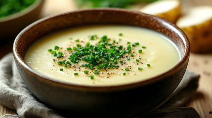 Creamy Potato Soup Topped with Fresh Chives in Rustic Brown Bowl on Wooden Table Warm and Appetizing Homemade Meal with Healthy Ingredients