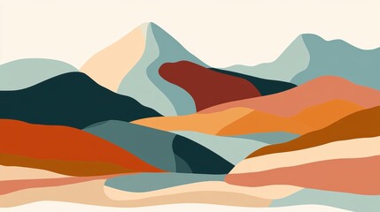 Enchanting Abstract Landscape Poster: Nature - Inspired Contemporary Art Print with Mid - Century Mountain Vector Background