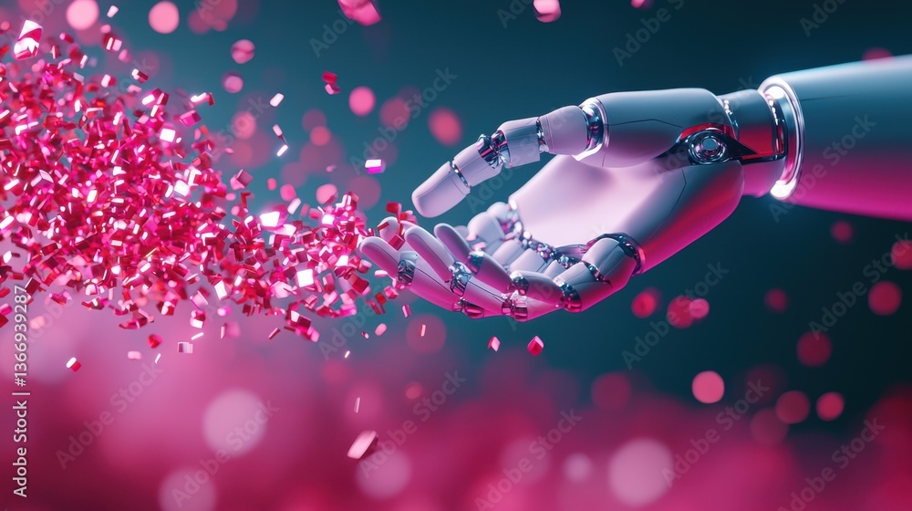 Poster particle futuristic scene with ai driven robotic arms assembling nano scale tech particles.