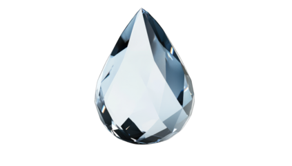 a crystal teardrop-shaped object with facets reflecting light sh