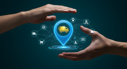 Two Hands Protecting a Blue Delivery Truck Location Icon Over a Dark Teal Background