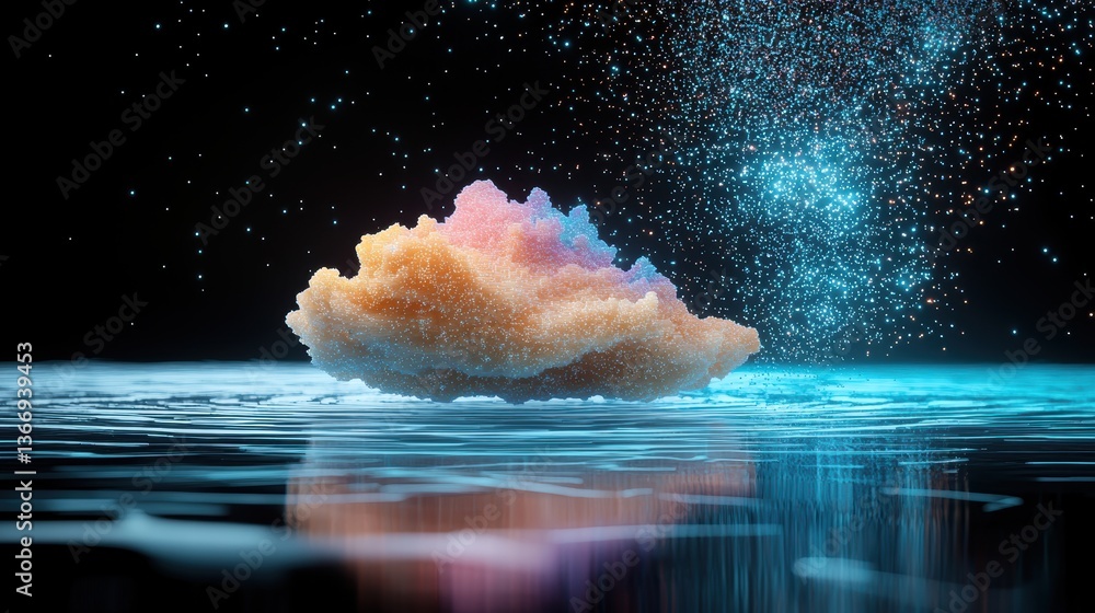 Poster particle floating holographic interface with particles forming complex data structures.