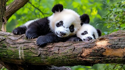 Obraz premium Playful baby pandas climbing a tree nature wildlife photography lush green environment close-up view adorable moments