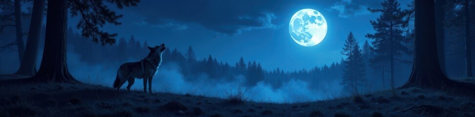 Full moonlit forest with a lone howling wolf in the distance, full moon, wild animal