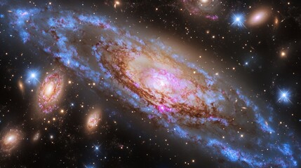 Fototapeta premium Dramatic cosmic landscape featuring swirling galaxy arms in luminous blues and magentas, foreground filled with hyperrealistic stars of varying sizes and intensities, cosmic dust clouds creating
