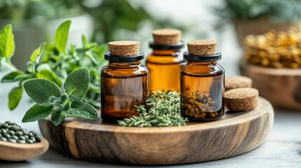 Amber Bottles of Herbal Essential Oils with Fresh Herbs on Wooden Tray