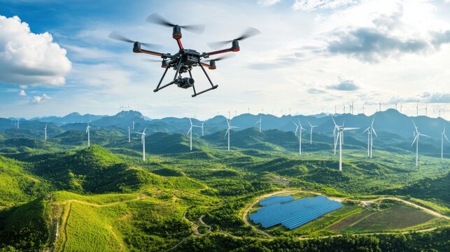 AI powered drone conducting inspection of smart grids in a renewable energy field, large solar and wind farms with drones monitoring energy systems and transmission lines, Eco-tech style