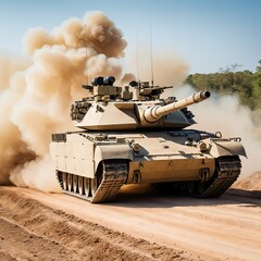 Tank Rolling Through Desert Dust Cloud