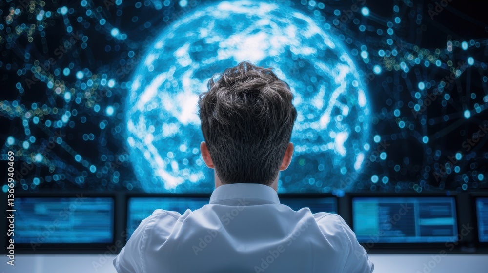 Poster satellite high tech research center monitoring global satellite data on multiple screens.