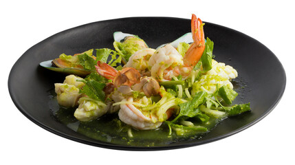 Thai spicy seafood salad with shrimp, New Zealand Mussel isolated on a transparent background.