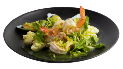 Thai spicy seafood salad with shrimp, New Zealand Mussel isolated on a transparent background.