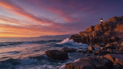 Lamp on Rocky Coastline During Dramatic Sunset with Waves Crashing