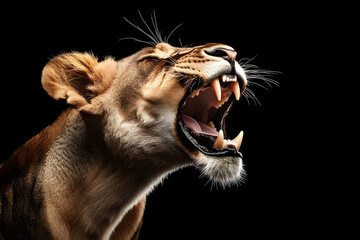 Fototapeta premium Photo of a Lion Roaring on Black Background Showing Teeth and Fur