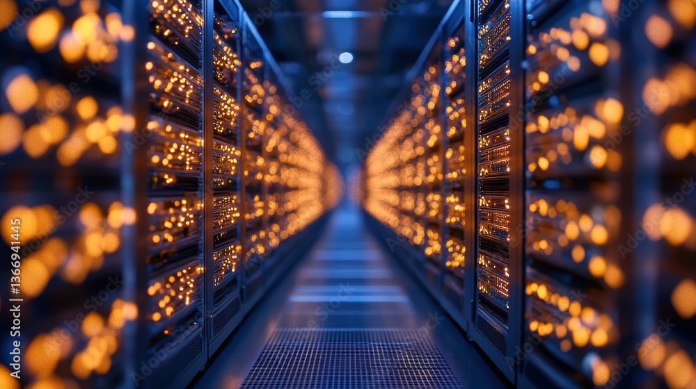 Poster server large data center filled with powerful server racks and cooling systems.