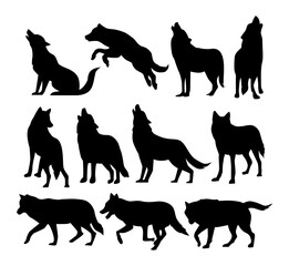 set of wolf vector silhouette