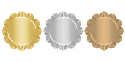 Gold, Silver, and Bronze Shiny Medals. Award Frames Isolated. Blank Shiny Badge, Label, Banner, Button.