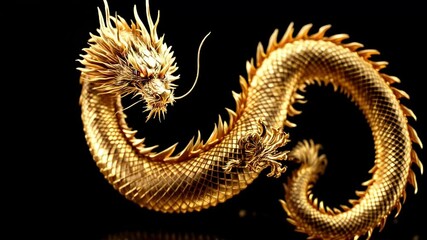 Golden Chinese Dragon on Black Background with Detail