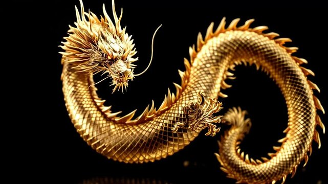 Golden Chinese Dragon on Black Background with Detail