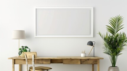A white rectangular frame in a bright home office, mounted above a wooden desk, with a chair, a desk lamp, and a potted plant  HD 8K mockup wallpaper Photographic Image
